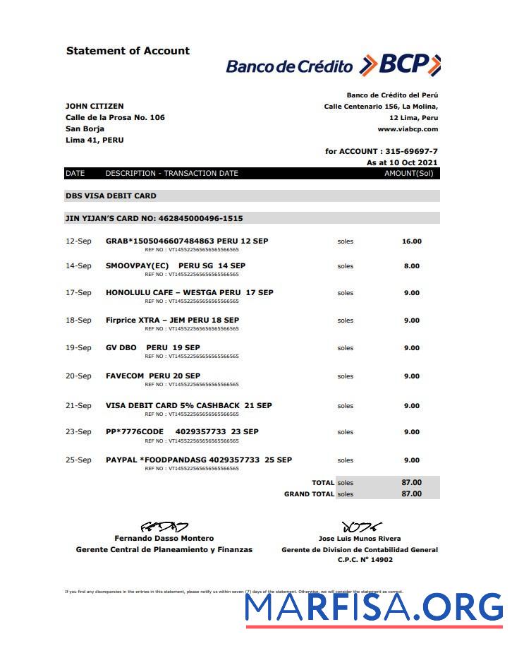Blank Peru Banco de Credito del Peru (BCP) bank statement excel sample